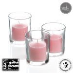 Gold Smoke - Votive Candles Unscented 2" W- 1.5" H  with Glass Holder Set of 12 -Pink (glass and candle) (සුවඳ නැති ඉටිපන්දම් 2" W- 1.5" H වීදුරු රඳවන කට්ටලයක් සහිත 12 - රෝස වර්ණය (වීදුරු සහ ඉටිපන්දම))